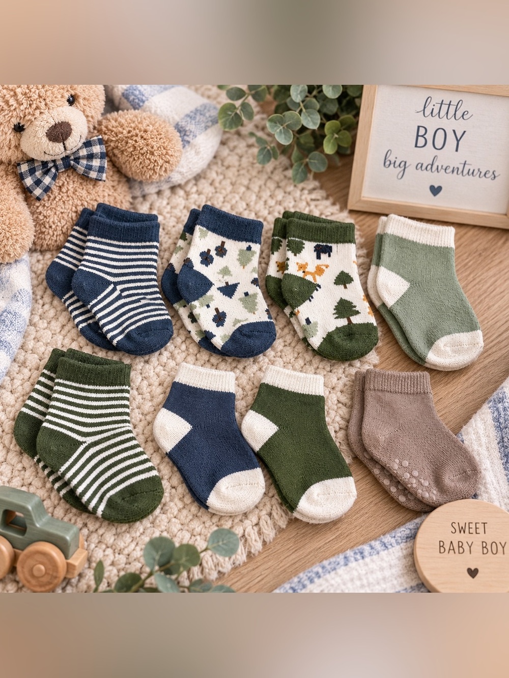 Baby Boy Socks Lot 7 Pairs 0-6 Months Woodland Stripes Green Blue Neutral